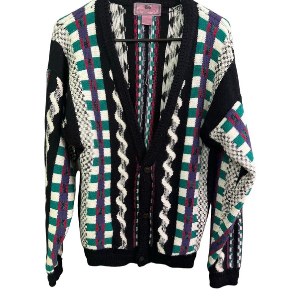 Sweaters - VTG Woman's Chunky Cardigan Colorful Sz 16/18 Hong Kong 80's‎ VNeck Grandpacore